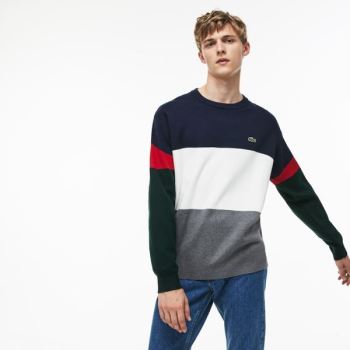 Lacoste Crew Neck Colorblock Flat Ribbed Cotton Sweater Pánské - Svetr Šedé / Bílé / Blankyt / Červe